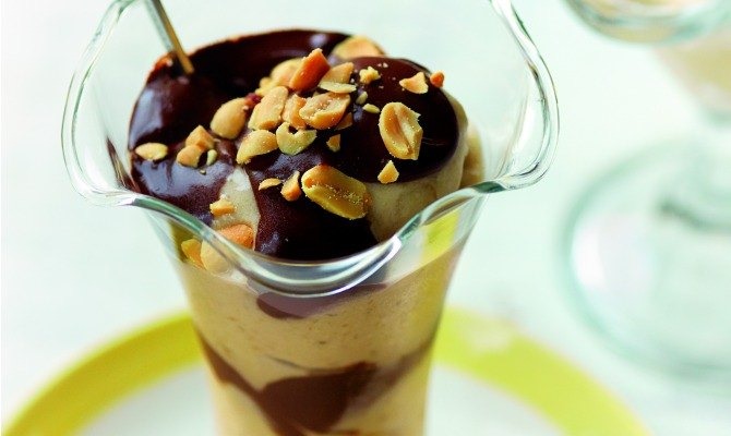 Banana, Peanut Butter, and Chocolate Sauce Sundae